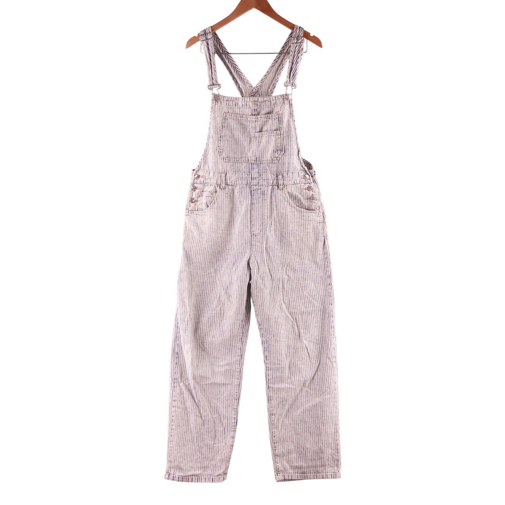 We The Free Free People Womens Medium Hickory Stripe Denim Overalls Blue White